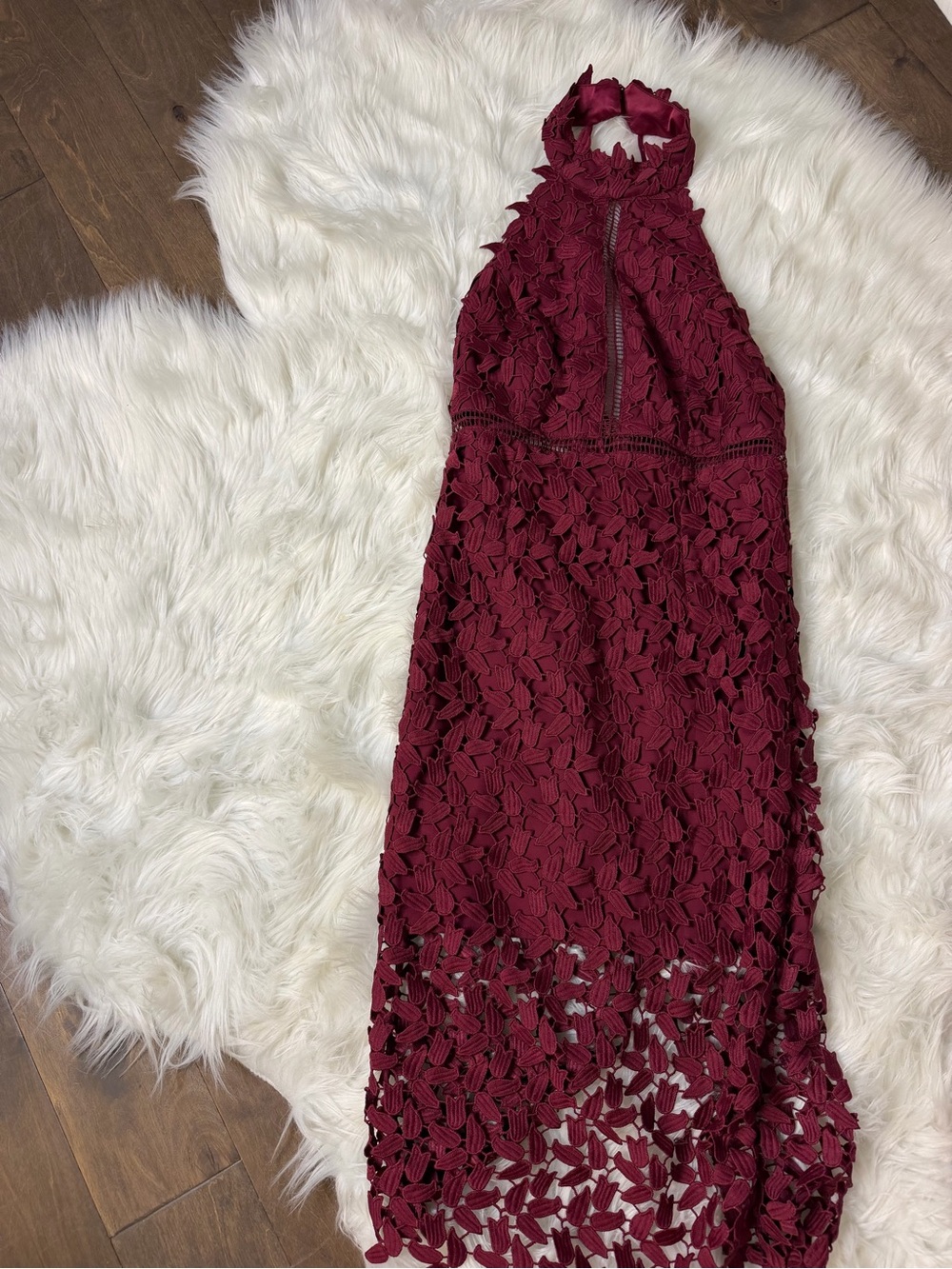 Bardot Burgundy Floral Lace Halter Maxi Dress